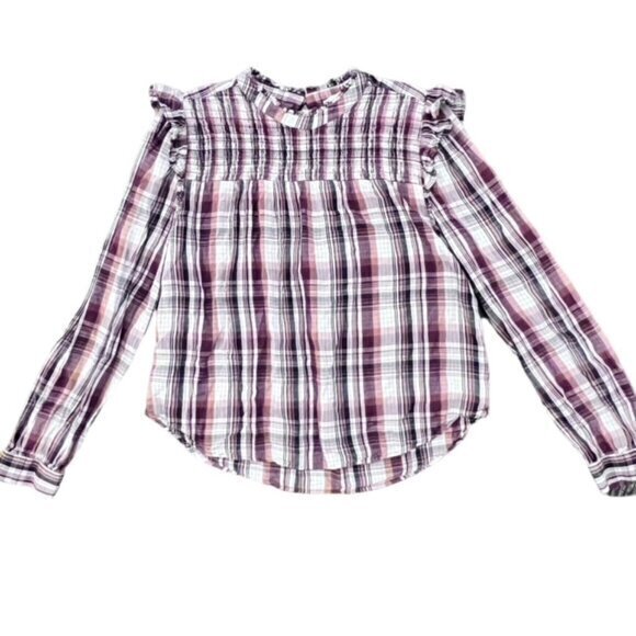 Ann Taylor LOFT Womens Button Up Shirt Blouse Medium Long Sleeve Plaid High Neck - Picture 14 of 14